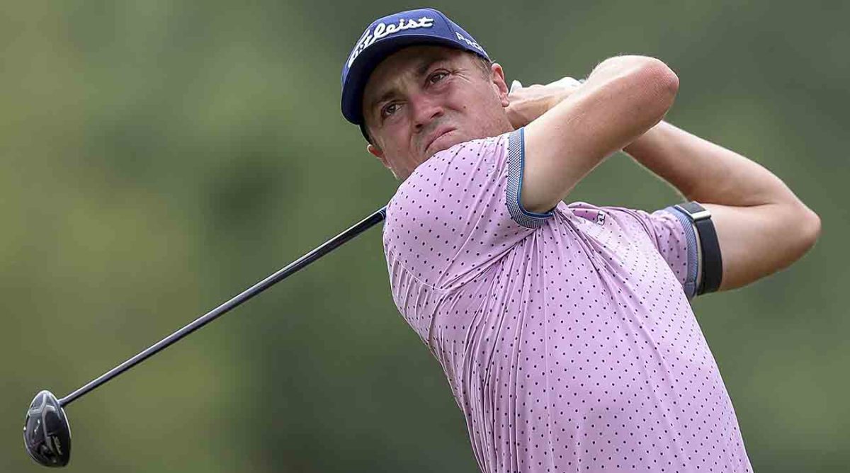 Justin Thomas watches a tee shot at the 2023 Valspar Championship.
